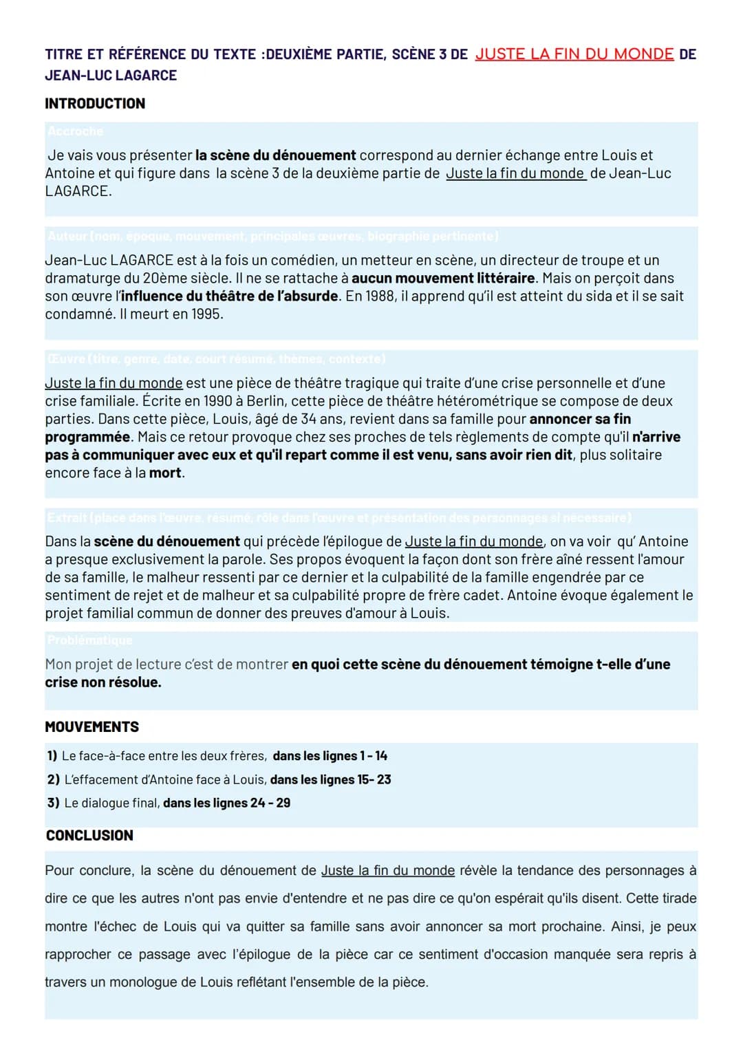 TITRE ET RÉFÉRENCE DU TEXTE :DEUXIÈME PARTIE, SCÈNE 3 DE JUSTE LA FIN DU MONDE DE
JEAN-LUC LAGARCE
INTRODUCTION
Accroche
Je vais vous présen