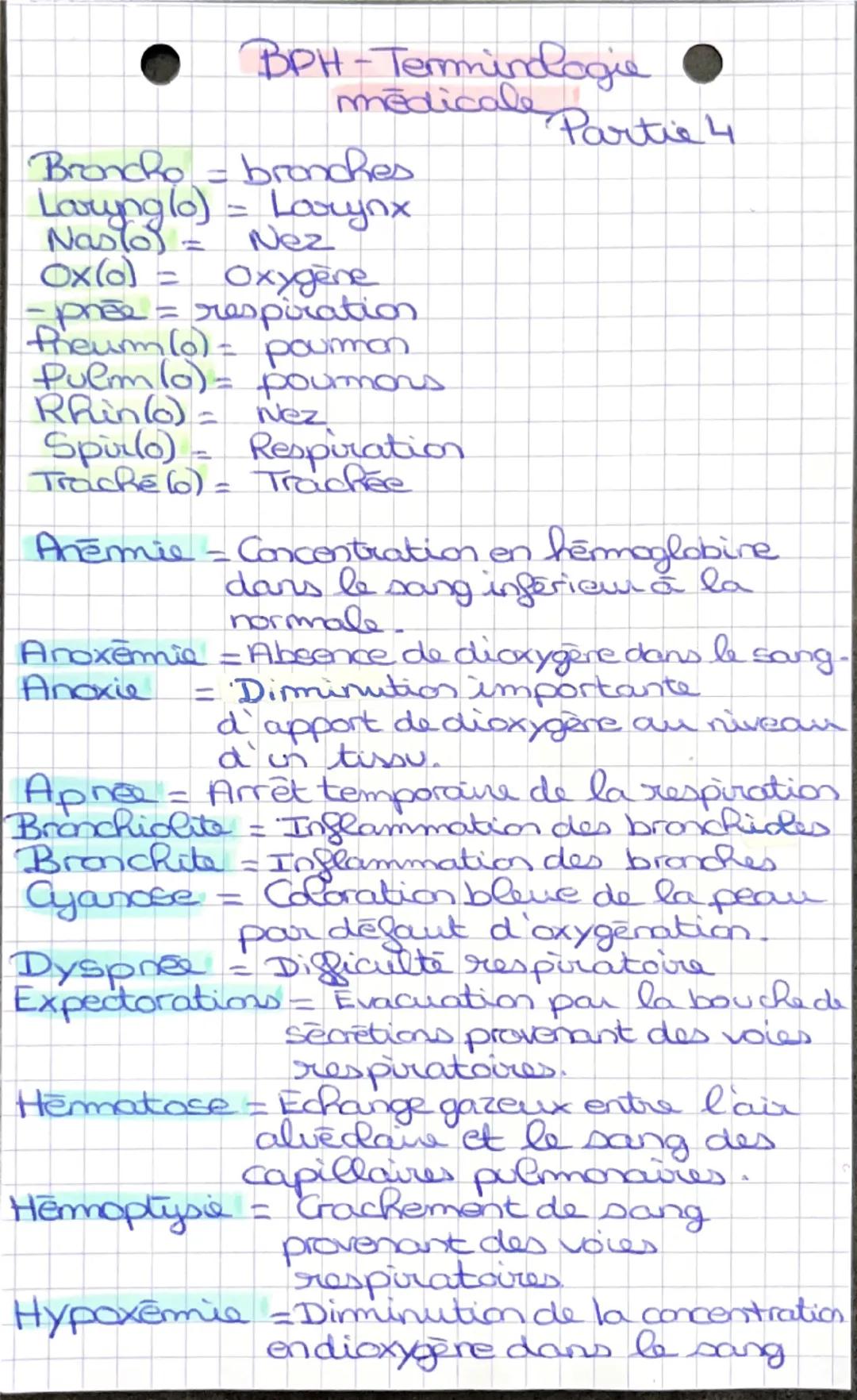 # BPH-Terminddogie
médicale Partie 4

Broncho = branches

Larynglo) (0) = Lovynx

Naslo = Nez

Ox(o) = Oxygène

- prée = respiration

Pheurm