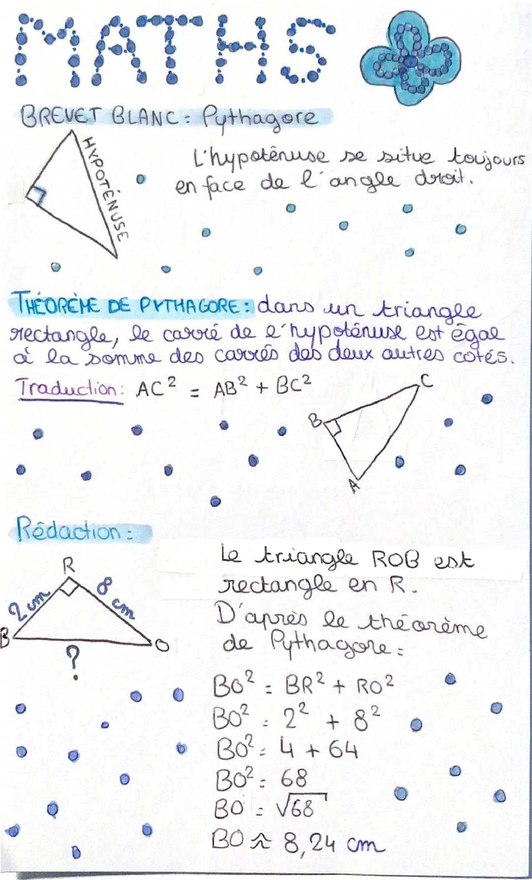 # RÉCIPROQUE ET CONTRAPOSÉE DU THÉORÈME:

Réciproque = Dans un triangle, si le carré de la longueur du plus grand côté est égal à la somme d