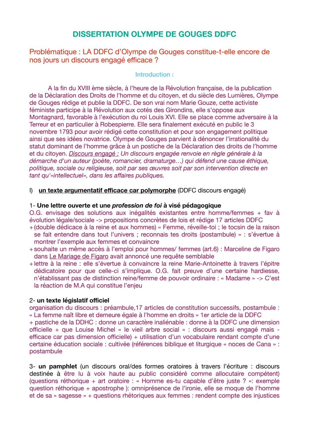 Découvre la Dissertation sur Olympe de Gouges : Corrigé et Plan pour la 1ère et le Bac