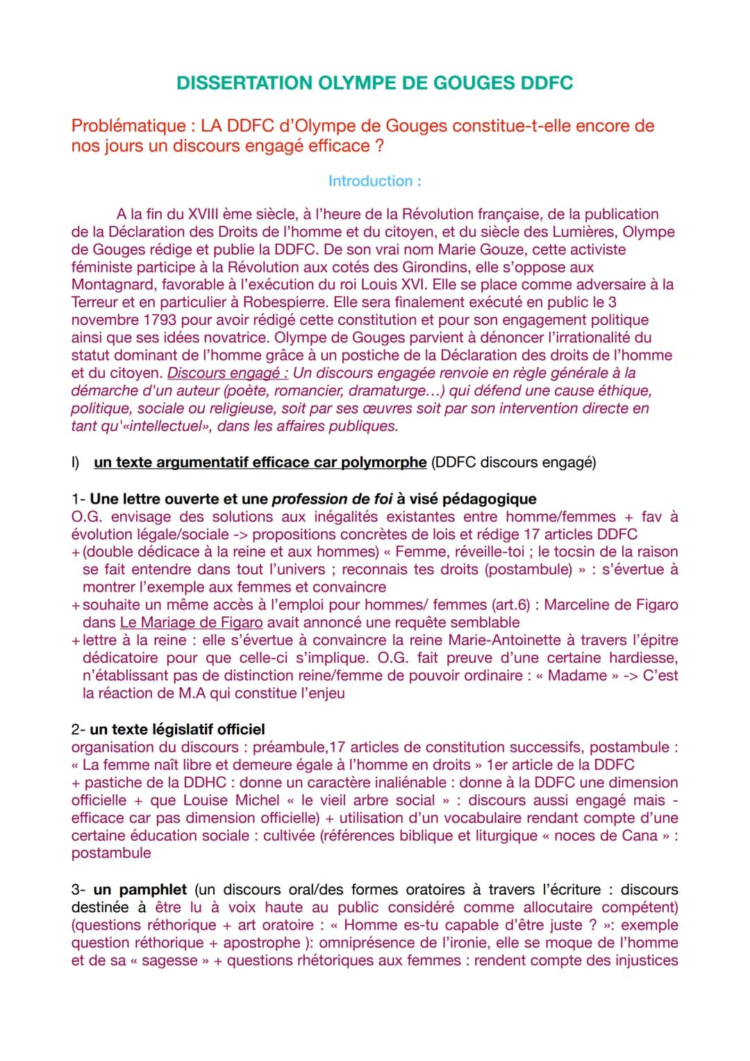 DISSERTATION OLYMPE DE GOUGES DDFC
Problématique : LA DDFC d'Olympe de Gouges constitue-t-elle encore de
nos jours un discours engagé effica
