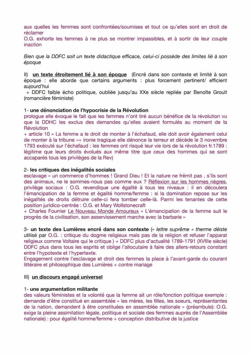 DISSERTATION OLYMPE DE GOUGES DDFC
Problématique : LA DDFC d'Olympe de Gouges constitue-t-elle encore de
nos jours un discours engagé effica