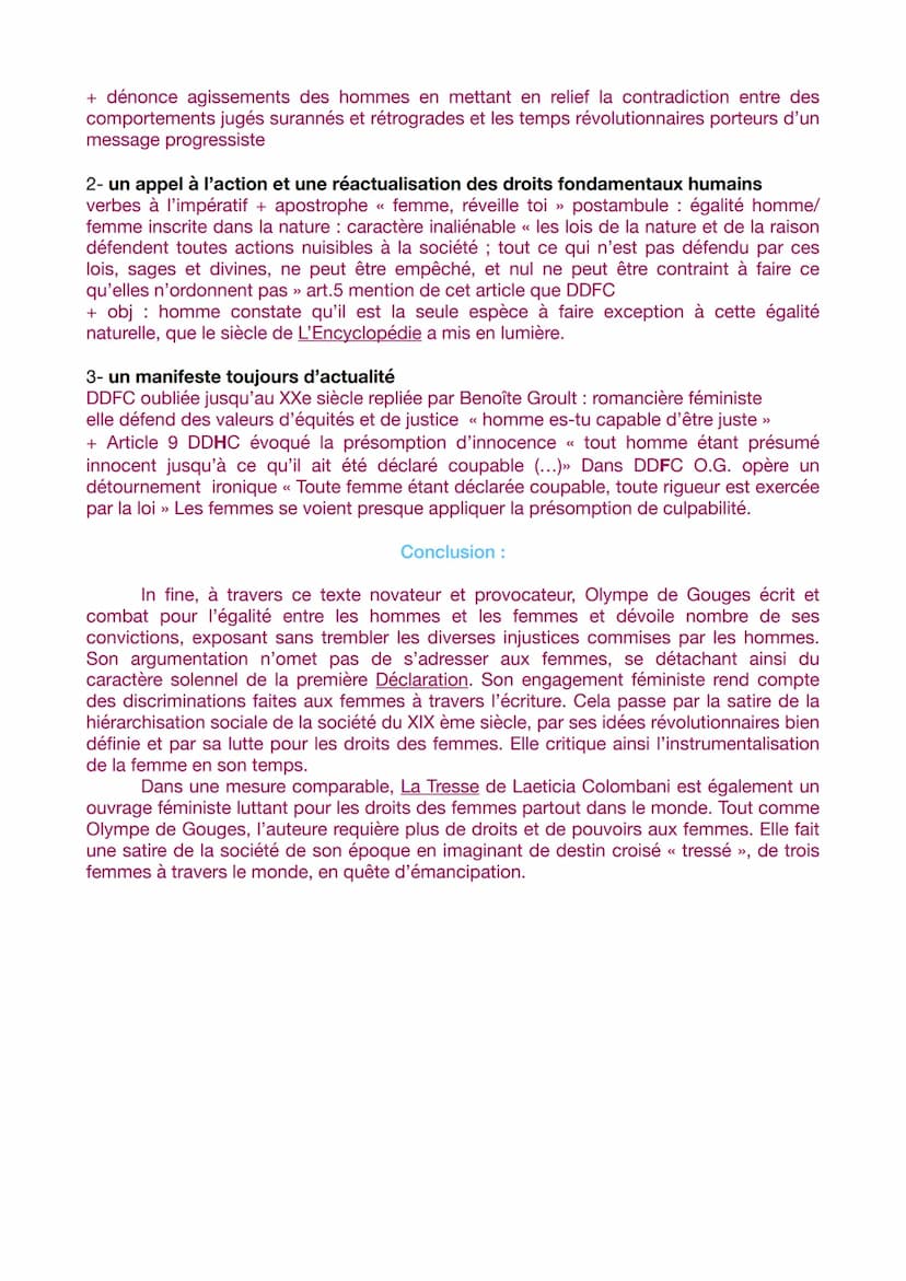 DISSERTATION OLYMPE DE GOUGES DDFC
Problématique : LA DDFC d'Olympe de Gouges constitue-t-elle encore de
nos jours un discours engagé effica