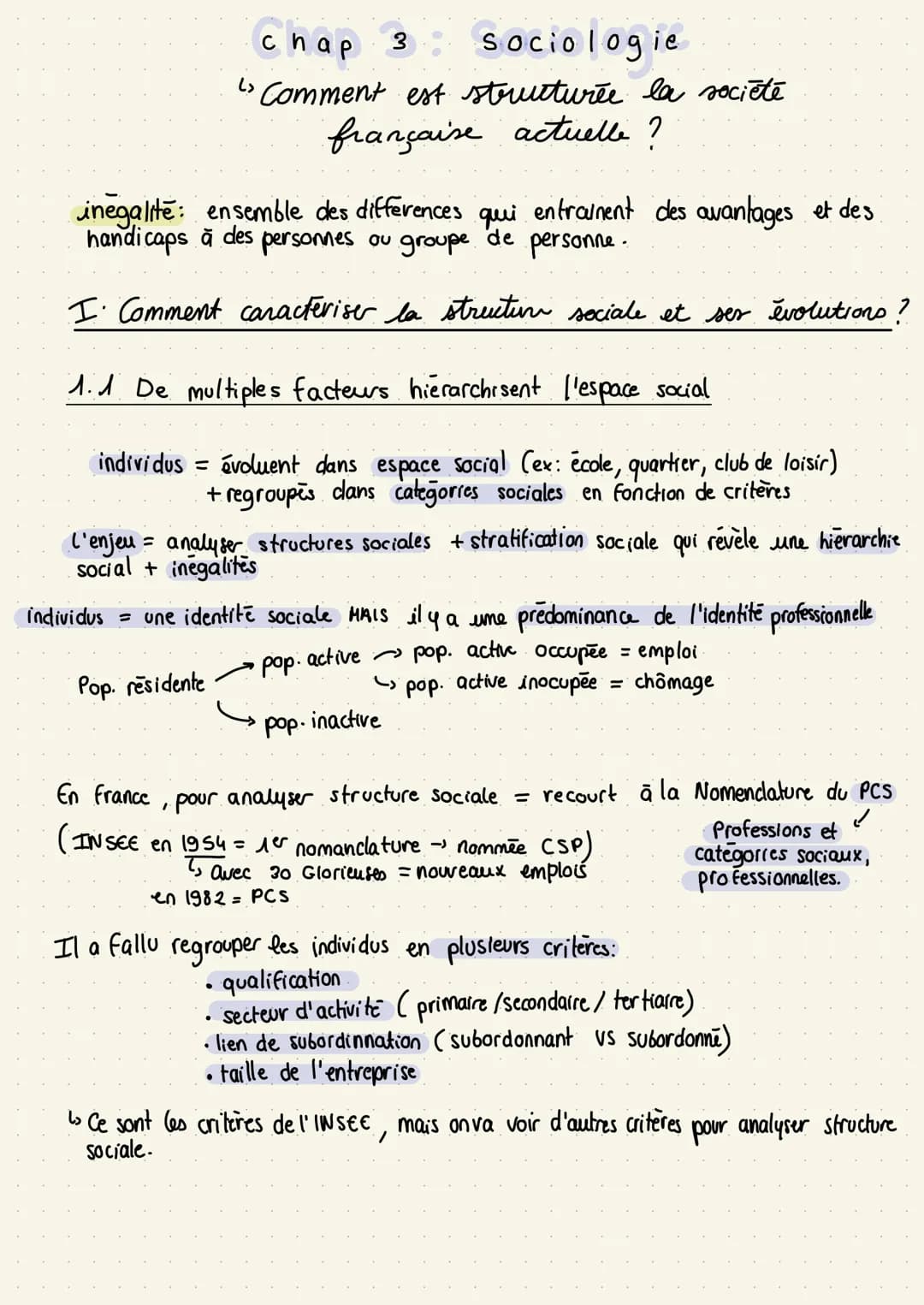 دا
chap 3
sociologie
Comment est structurée la société
française actuelle ?
inegalite: ensemble des differences qui entrainent des avantages