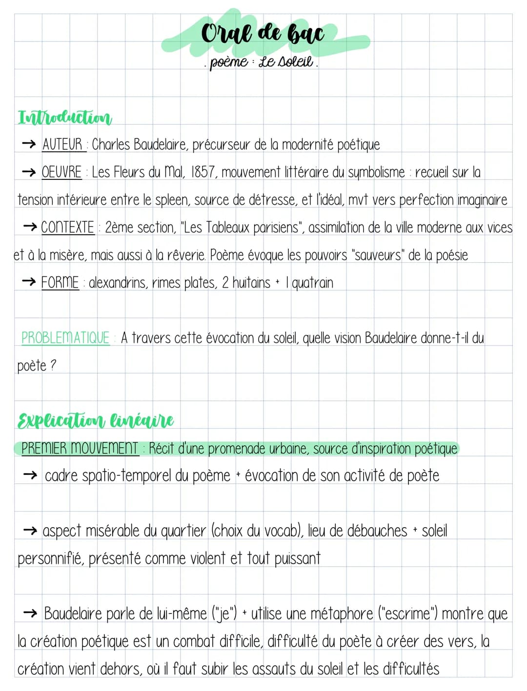 Oral de bac
· poème: Le soleil.
Introduction
→AUTEUR : Charles Baudelaire, précurseur de la modernité poétique
→ OEUVRE Les Fleurs du Mal, 1