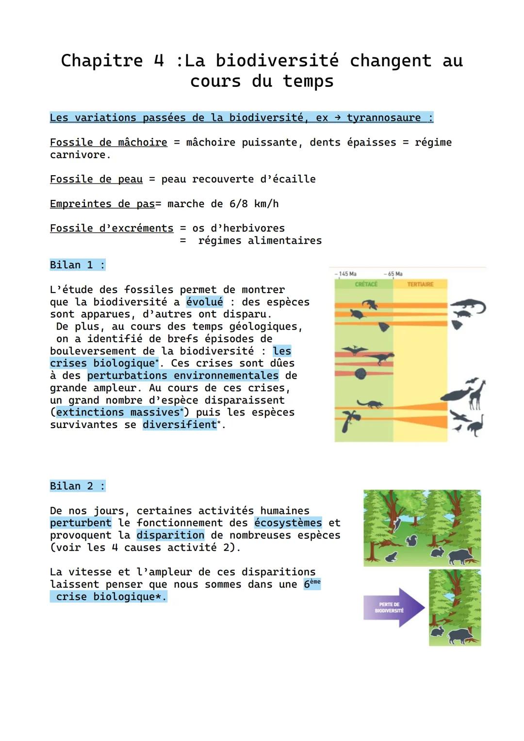Chapitre 4 La biodiversité changent au
cours du temps
Les variations passées de la biodiversité, ex → tyrannosaure
Fossile de mâchoire = mâc