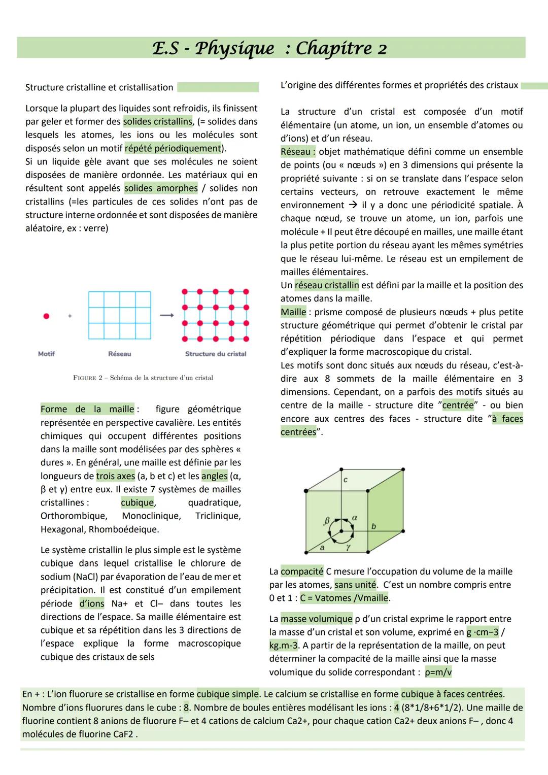 # E.S - Physique : Chapitre 2

Structure cristalline et cristallisation

Lorsque la plupart des liquides sont refroidis, ils finissent
par g