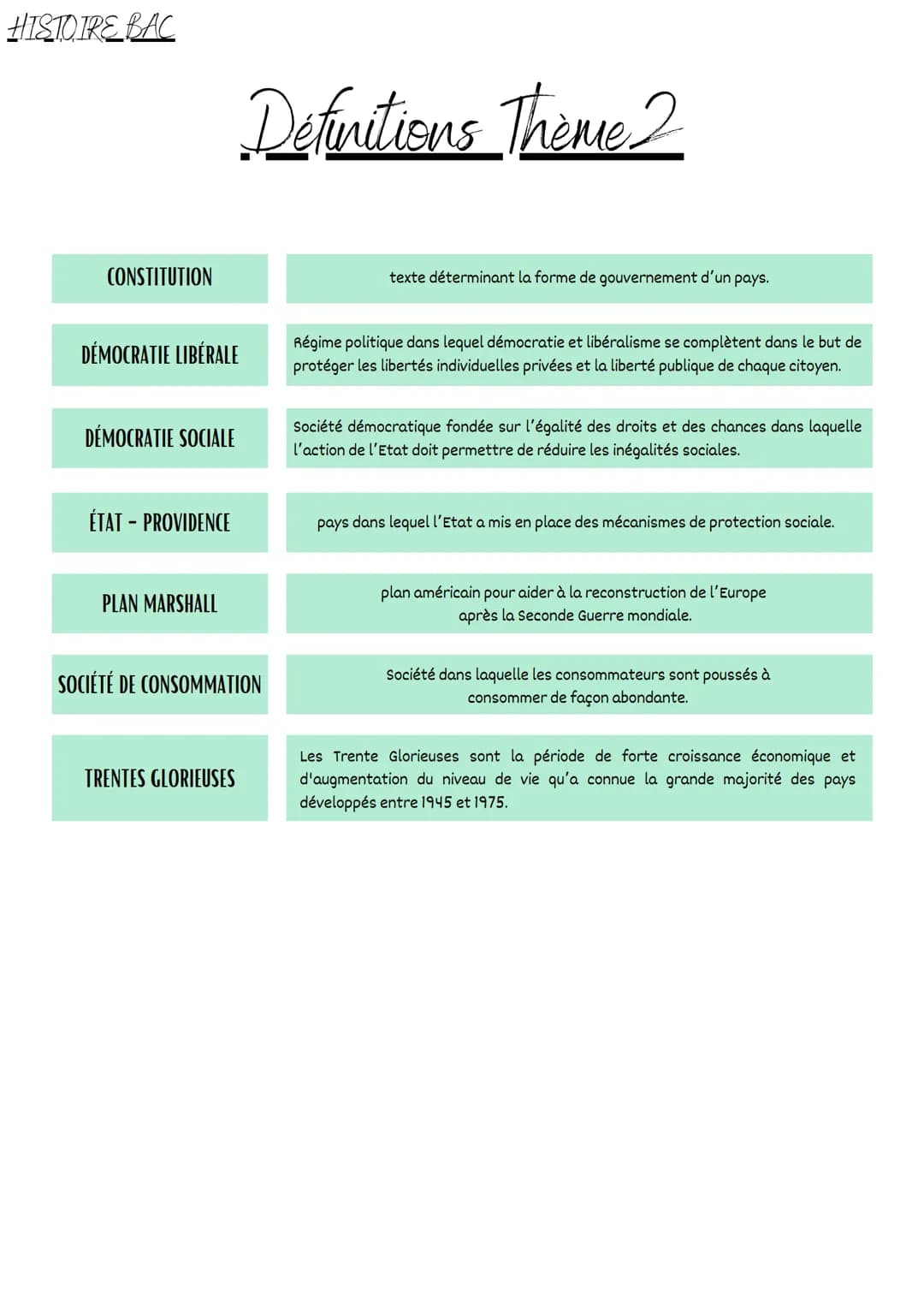 HISTOIRE BAC
CONSTITUTION
DÉMOCRATIE LIBÉRALE
DÉMOCRATIE SOCIALE
ÉTAT - PROVIDENCE
PLAN MARSHALL
Definitions Thème 2
SOCIÉTÉ DE CONSOMMATION
