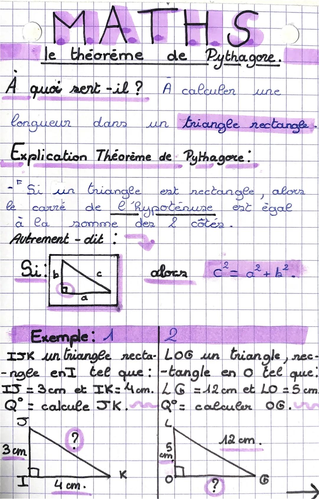 A quoi sert-il ?
F
MATHS
le theoreme de Pythagore.
longueur dans
Explication Théorème de Pythagore:
Si un triangle
le carré
à la
Autrement -