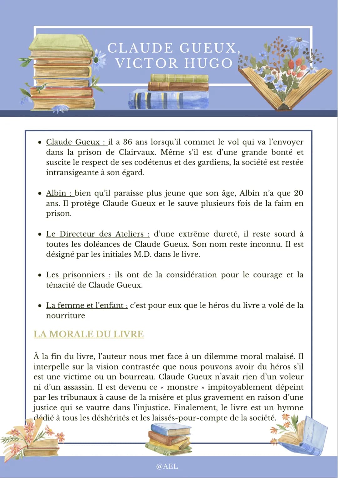 CLAUDE GUEUX.
VICTOR HUGO
• Claude Gueux : il a 36 ans lorsqu'il commet le vol qui va l'envoyer
dans la prison de Clairvaux. Même s'il est d