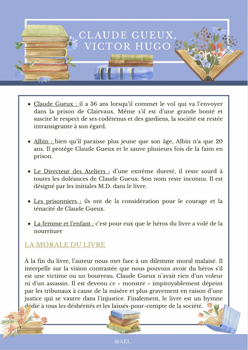 CLAUDE GUEUX.
VICTOR HUGO
• Claude Gueux : il a 36 ans lorsqu'il commet le vol qui va l'envoyer
dans la prison de Clairvaux. Même s'il est d