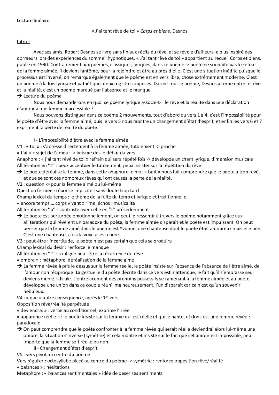 lecture linéaire : J'ai tant rêvé de toi