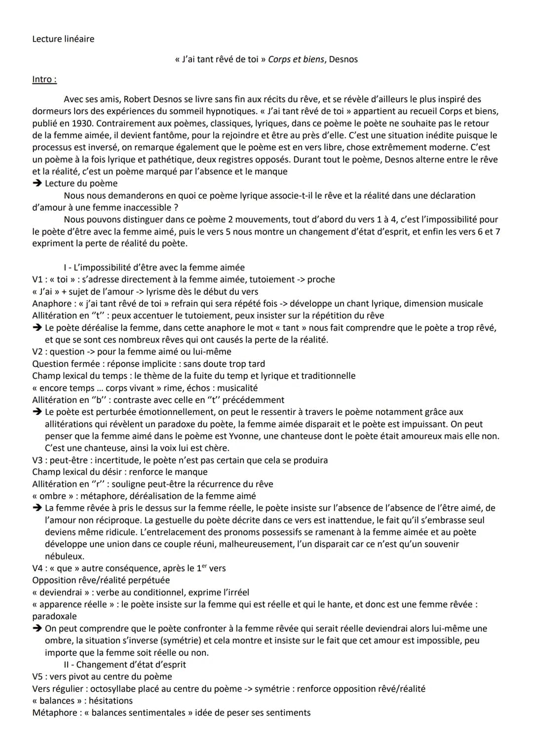 Lecture linéaire
Intro :
<< J'ai tant rêvé de toi » Corps et biens, Desnos
Avec ses amis, Robert Desnos se livre sans fin aux récits du rêve