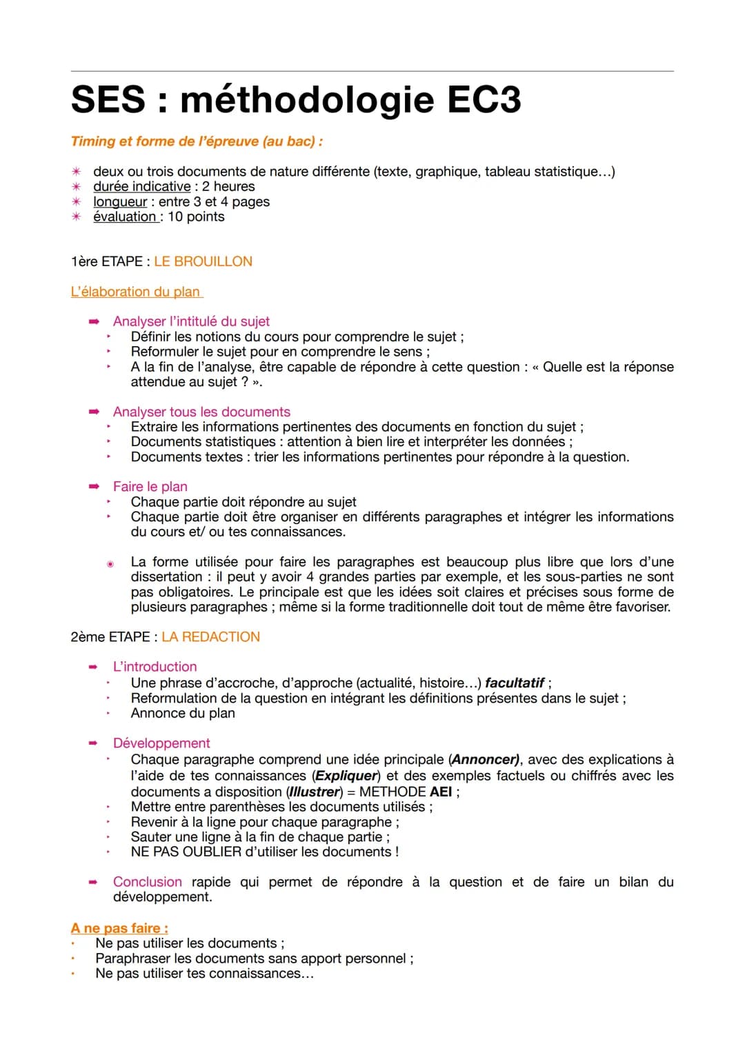 SES : méthodologie EC3
Timing et forme de l'épreuve (au bac):
*
deux ou trois documents de nature différente (texte, graphique, tableau stat