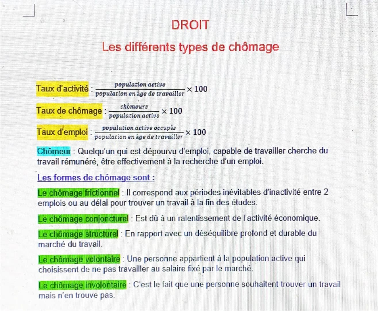 Taux d'activité :
DROIT
Les différents types de chômage
population active
population en âge de travailler
chômeurs
population active
populat