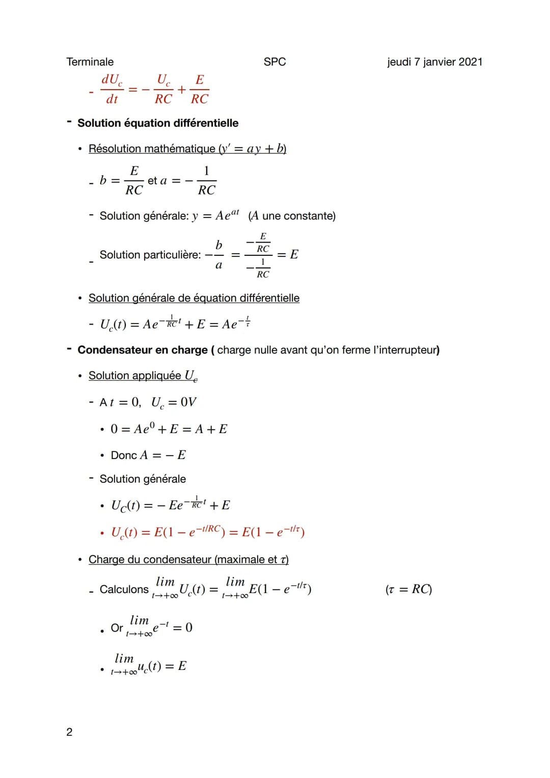 Terminale
Charge Circuit RC
Sujet général
1
Situation
_i=
●
UR
Equation différentielle
Charge condensateur
R
Donc
dq
dt
dq
dt
C. Uc
acondens