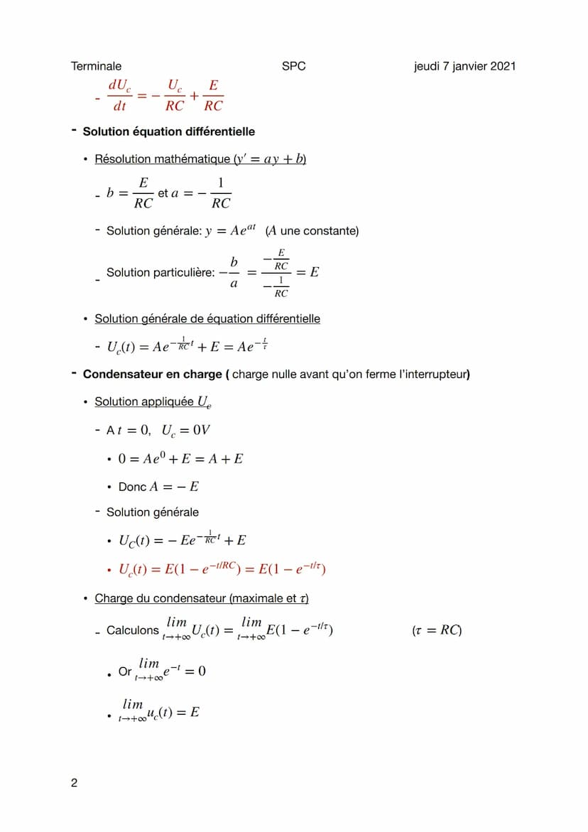 Terminale
Charge Circuit RC
Sujet général
1
Situation
_i=
●
UR
Equation différentielle
Charge condensateur
R
Donc
dq
dt
dq
dt
C. Uc
acondens