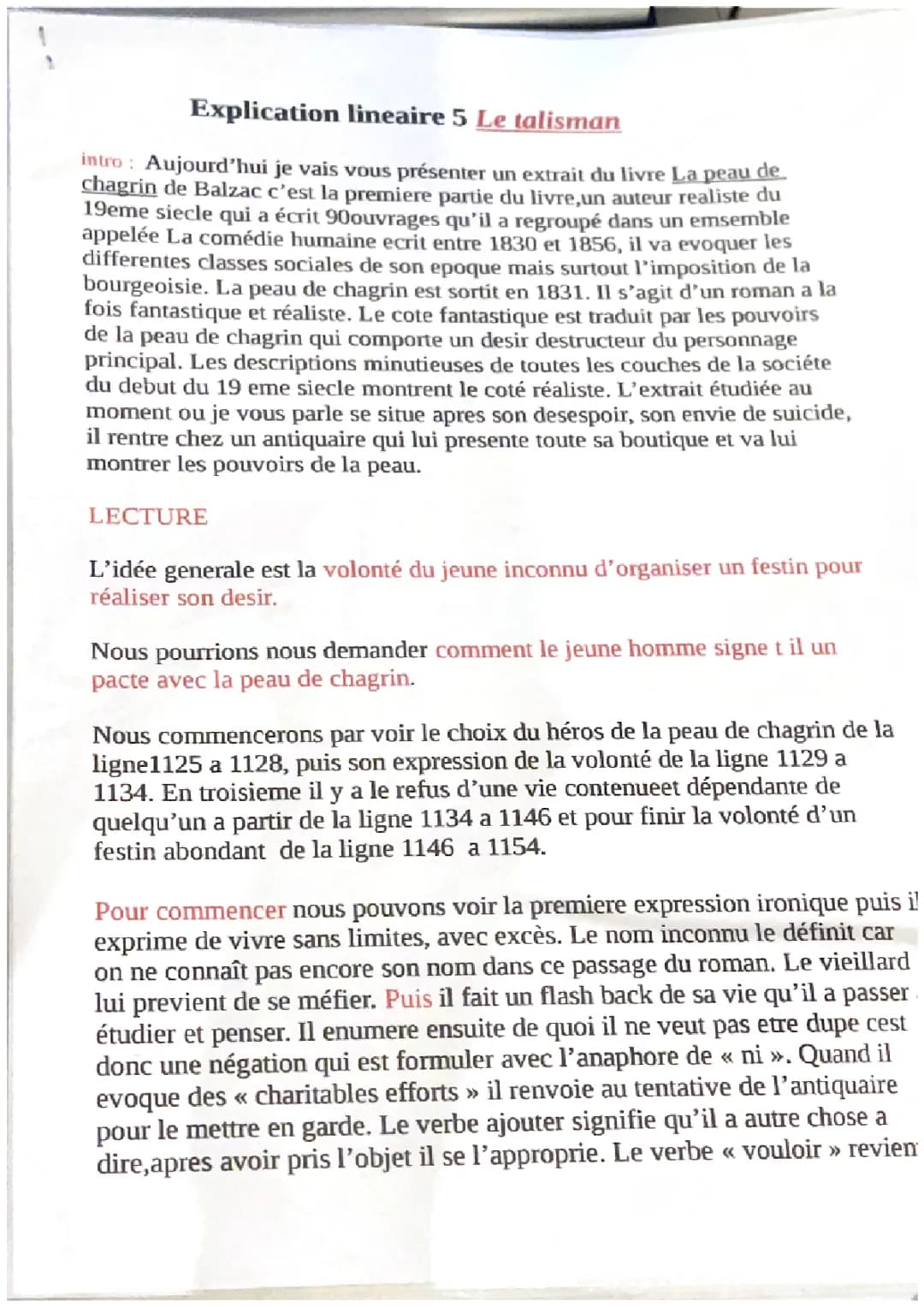 Explication linéaire Le talisman 