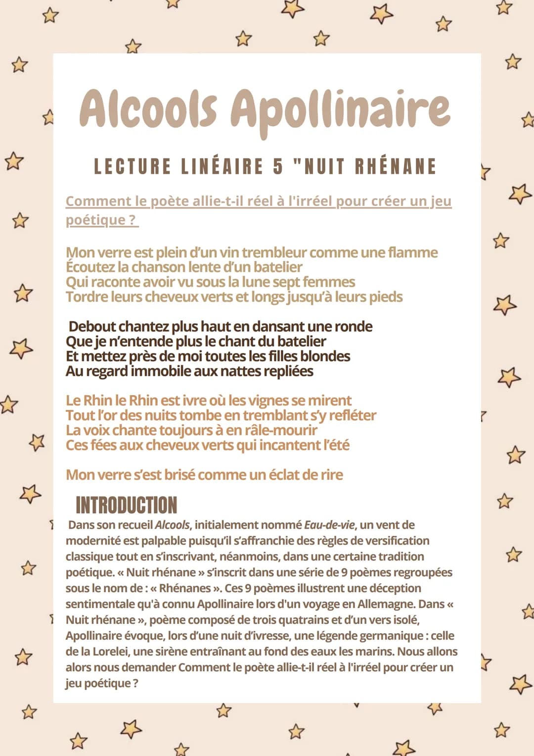 ✩
*Alcools Apollinaire
LECTURE LINÉAIRE 5 "NUIT RHÉNANE >
Comment le poète allie-t-il réel à l'irréel pour créer un jeu
poétique ?
☆
Mon ver