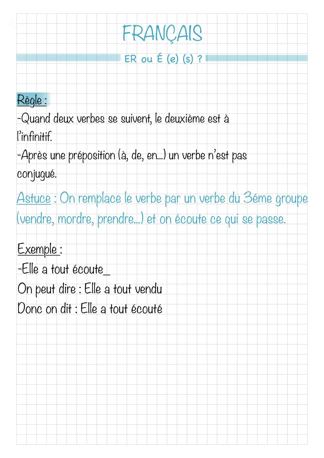 FRANÇAIS
ER ou É (e) (s) ?
Règle:
-Quand deux verbes se suivent, le deuxième est à
l'infinitif.
-Après une préposition (à, de, en...) un ver