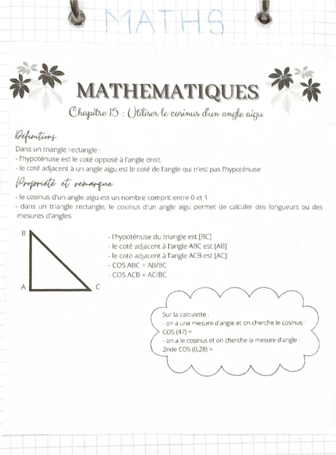 Utiliser le cosinus d'un angle aigu