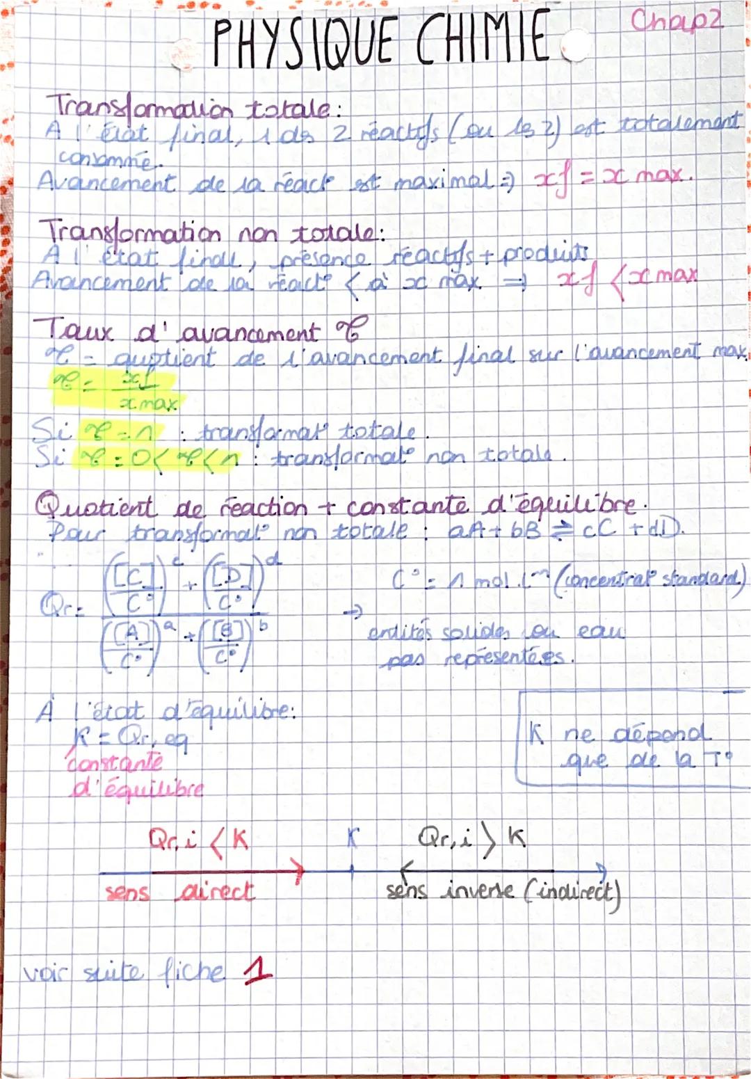 # PHYSIQUE CHIMIE

Chapz

Transformation totale:

Al liat final, 1 ds 2 reactifs (on is 2) est totalement
consomme
Avancement de la reach st