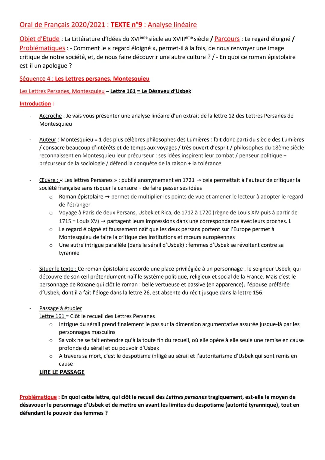 Oral de Français 2020/2021: TEXTE n°9: Analyse linéaire
Objet d'Etude: La Littérature d'Idées du XVIème siècle au XVIIIème siècle / Parcours
