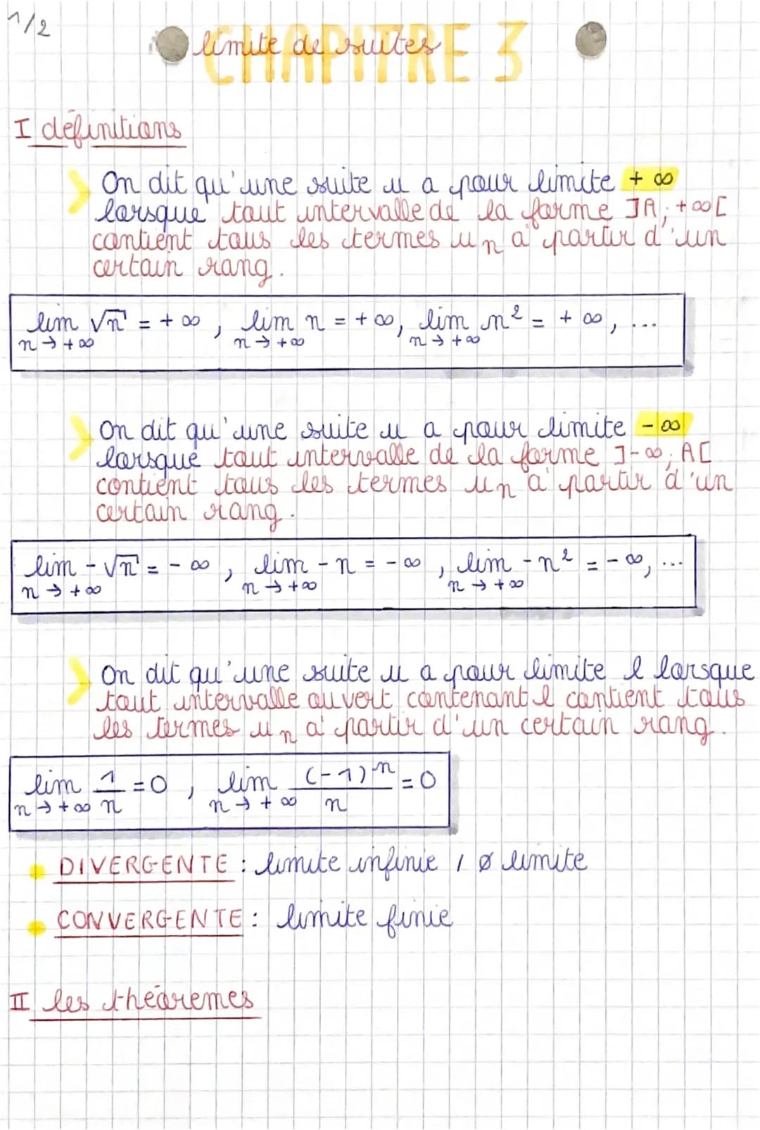 1/2
● 3.
tes E
limite de suites
I definitions
On dit qu'une suite u a pour limite + ∞0
lorsque tout intervalle de la forme JA; +∞0 [
cantien
