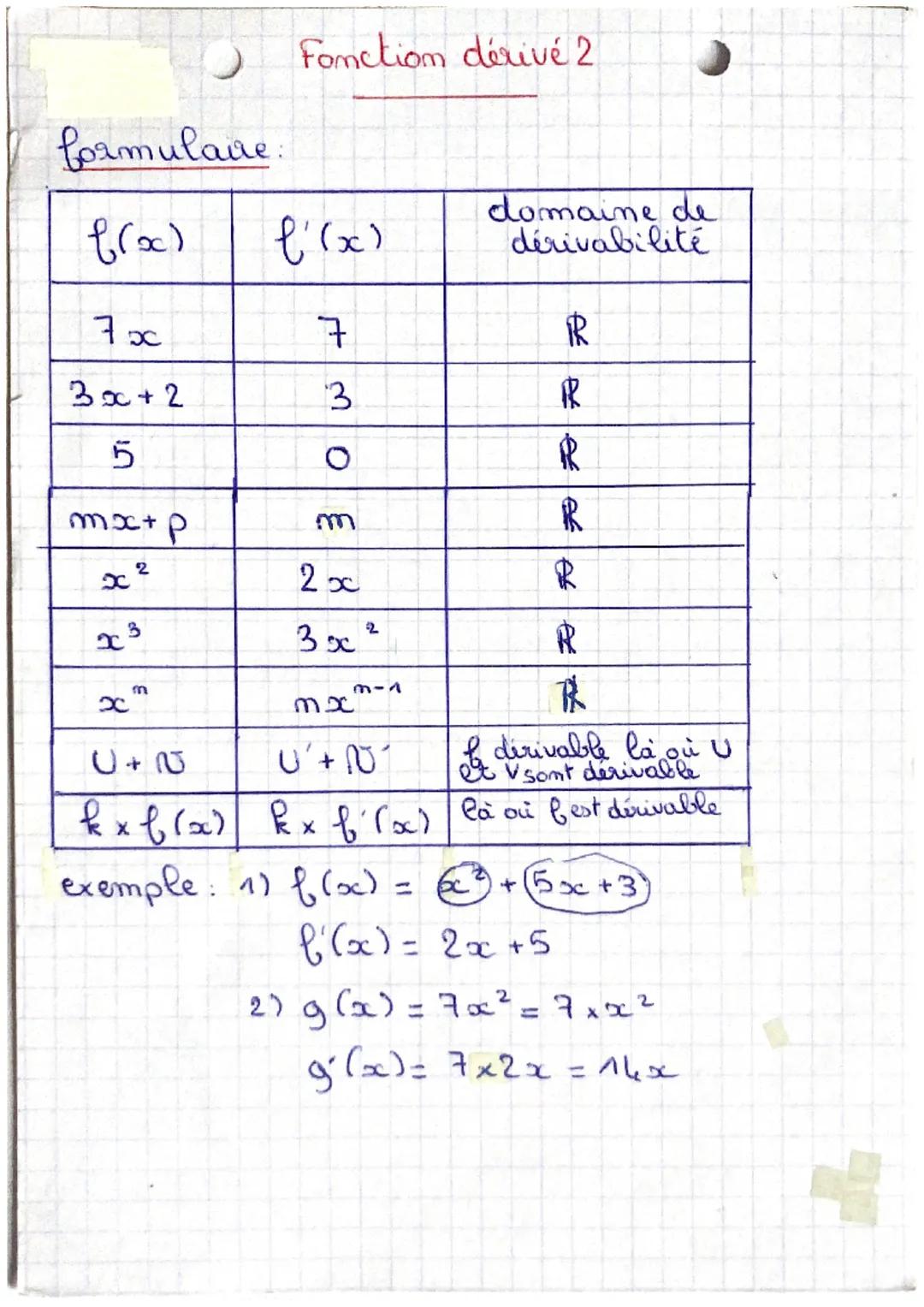 Fonction dérivé 2

formulaire:

| f(x) | f'(x) | domaine de dérivabilité |
|---|---|---|
| 7 x | 7 | R |
| 3x+2 | 3 | R |
| 5 | O | R |
| mx