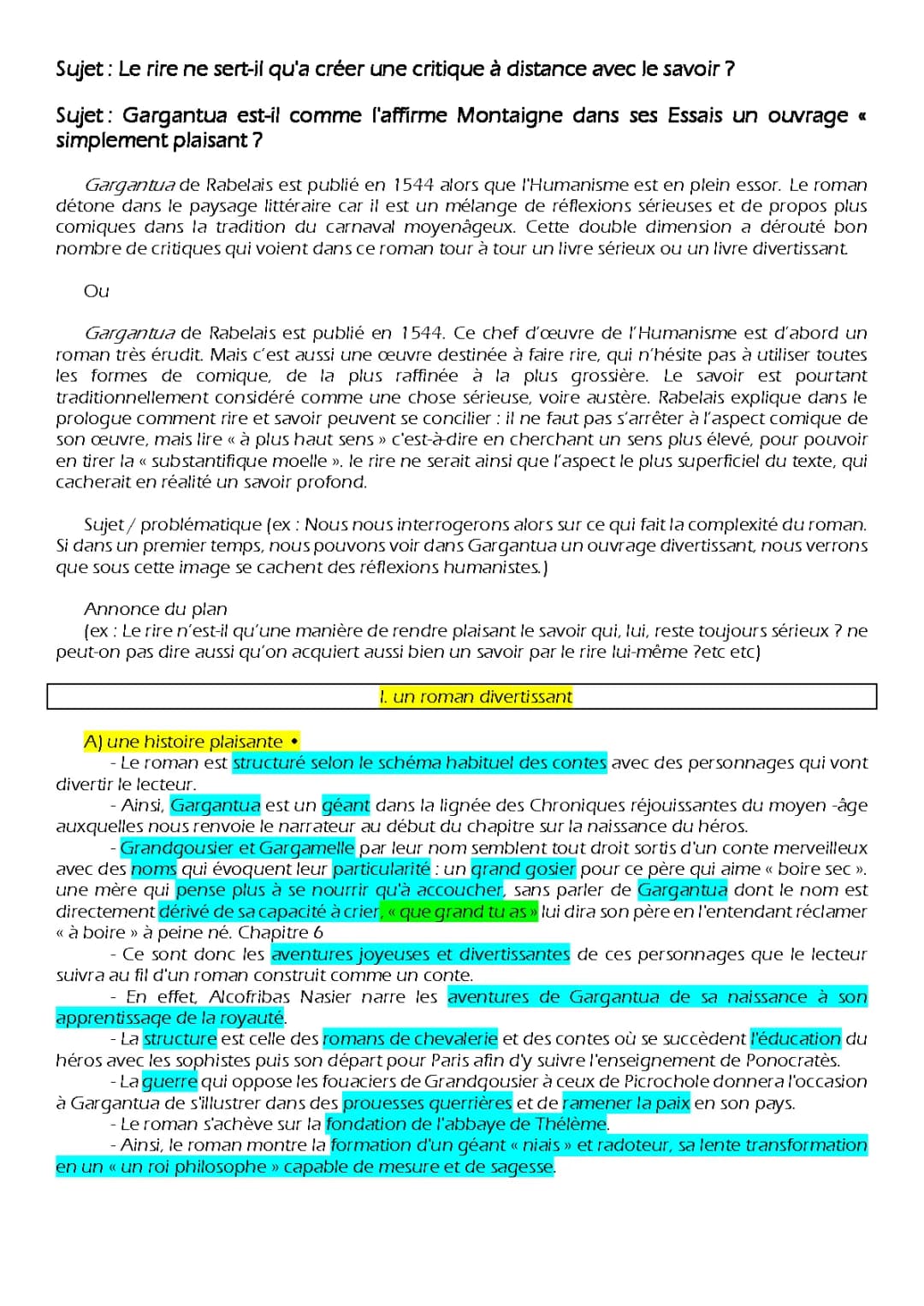 Sujets Dissertation Gargantua: Rire, Savoir et Plus - PDF Corrigé