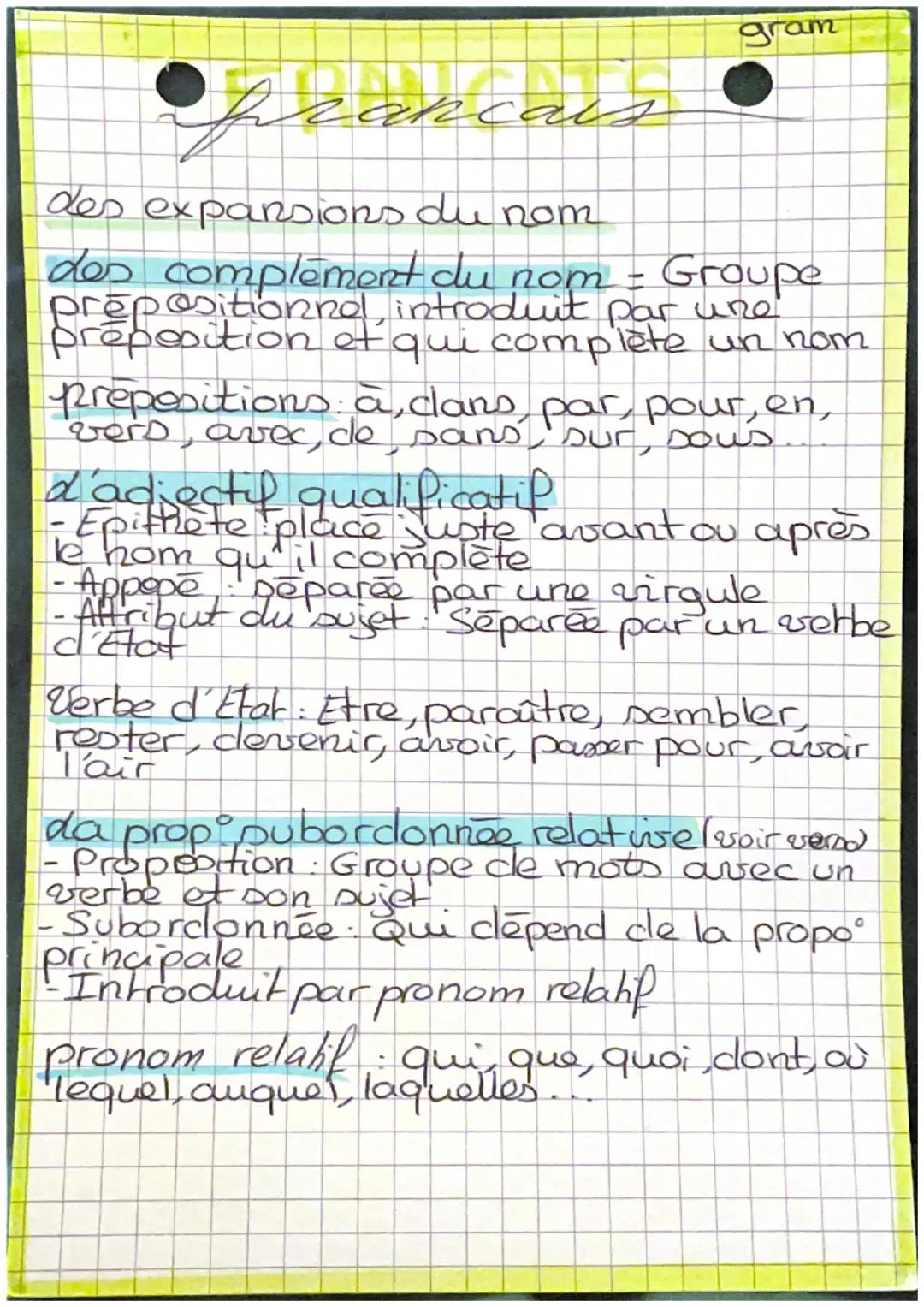 gram
# francais

des expansions du nom

des complement du nom - Groupe
prepositionnel, introduit par une
préposition et qui complète un nom
