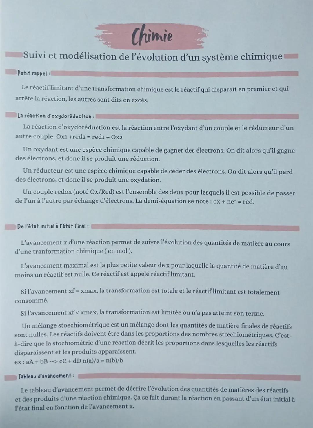 Chimie
Suivi et modélisation de l'évolution d'un système chimique
Petit rappel:
Le réactif limitant d'une transformation chimique est le réa