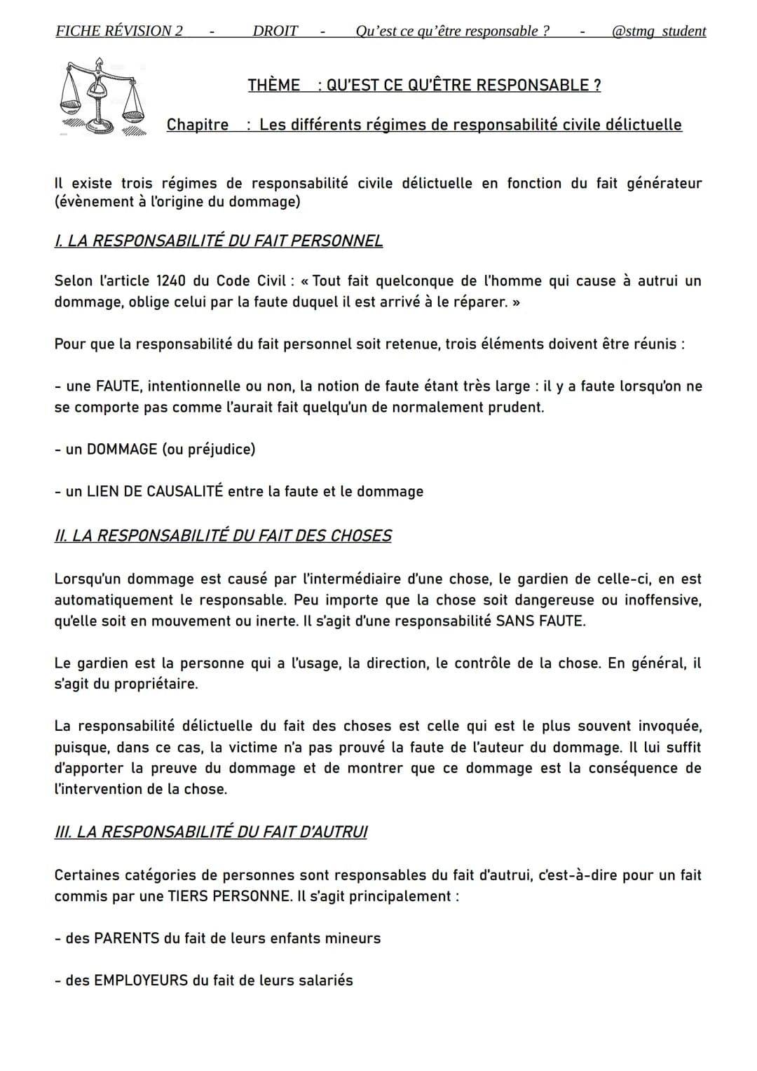 FICHE RÉVISION 2
DROIT
Qu'est ce qu'être responsable ?
THÈMEQU'EST CE QU'ÊTRE RESPONSABLE ?
Chapitre Les différents régimes de responsabilit