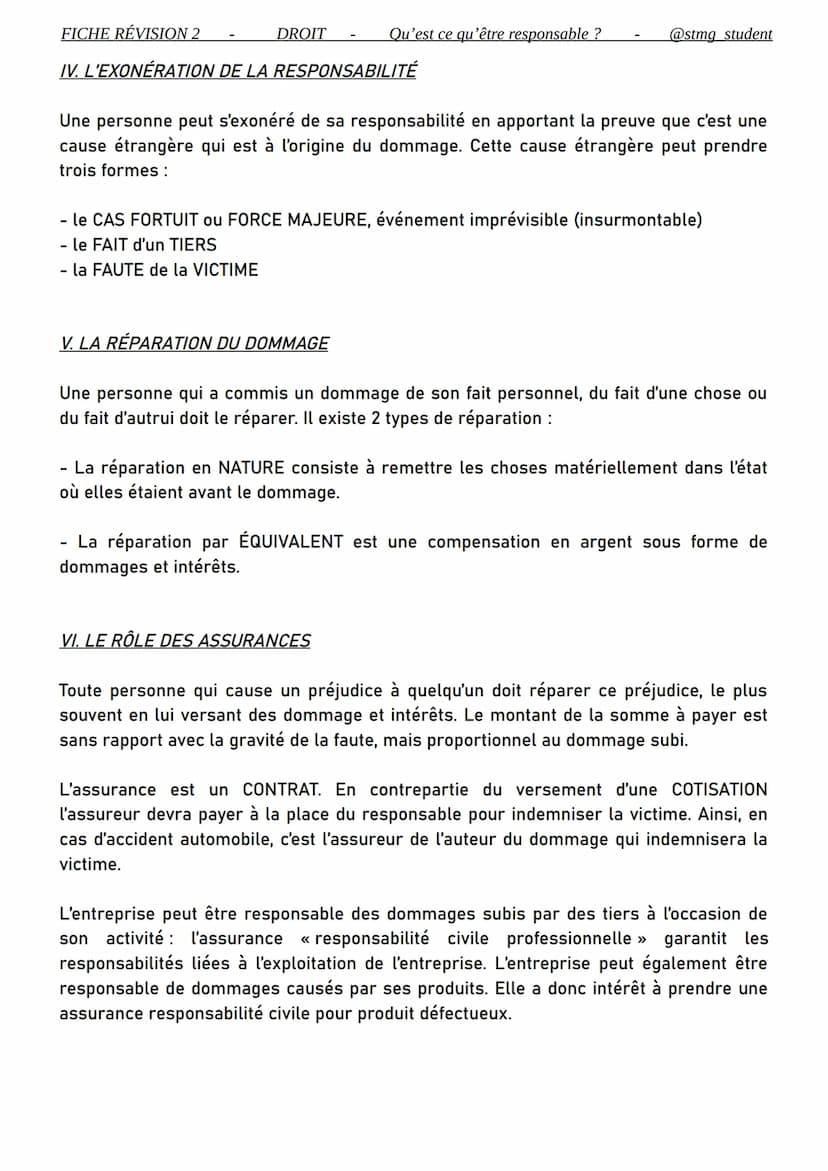 FICHE RÉVISION 2
DROIT
Qu'est ce qu'être responsable ?
THÈMEQU'EST CE QU'ÊTRE RESPONSABLE ?
Chapitre Les différents régimes de responsabilit