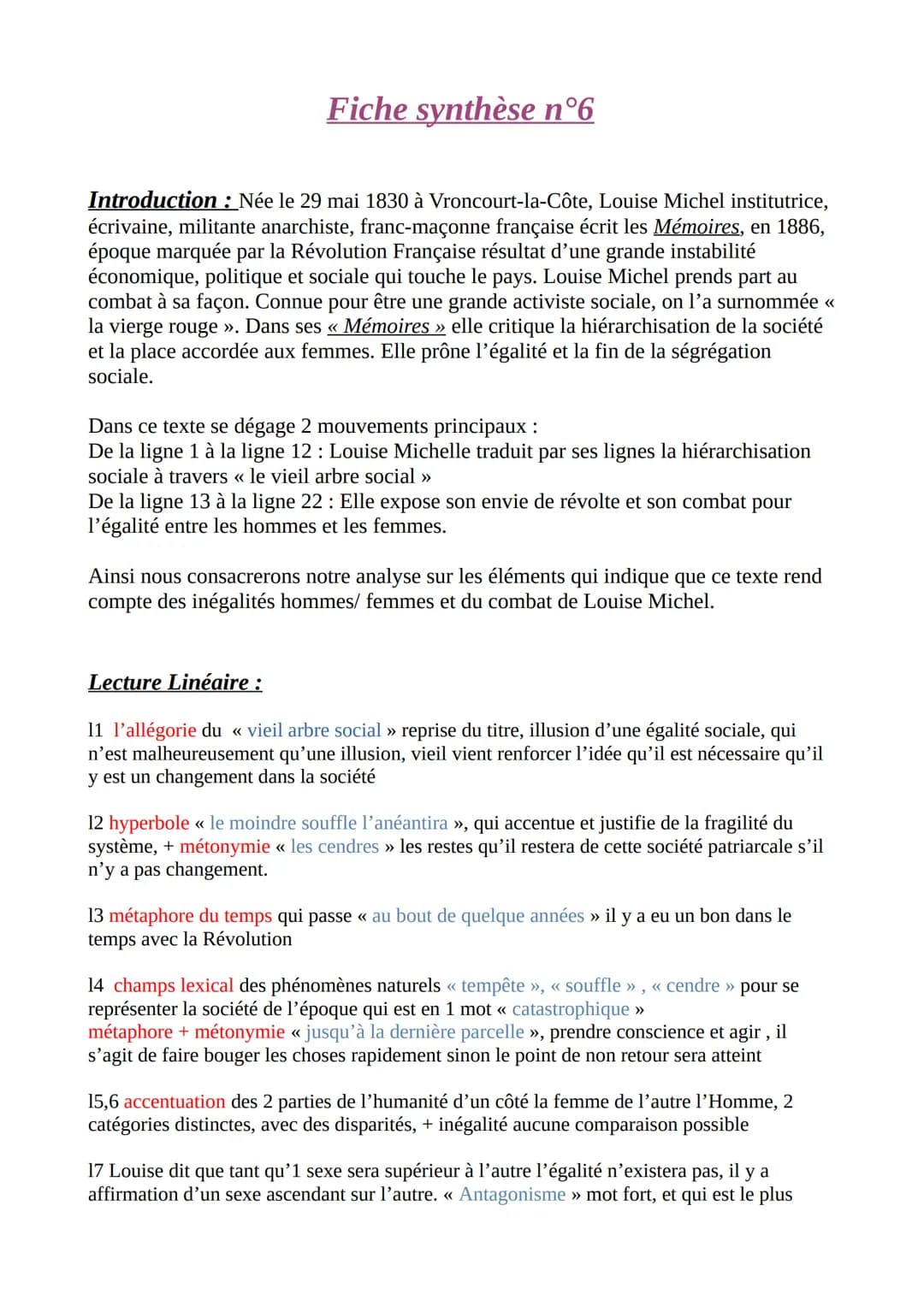 Fiche synthèse n°6
Introduction: Née le 29 mai 1830 à Vroncourt-la-Côte, Louise Michel institutrice,
écrivaine, militante anarchiste, franc-