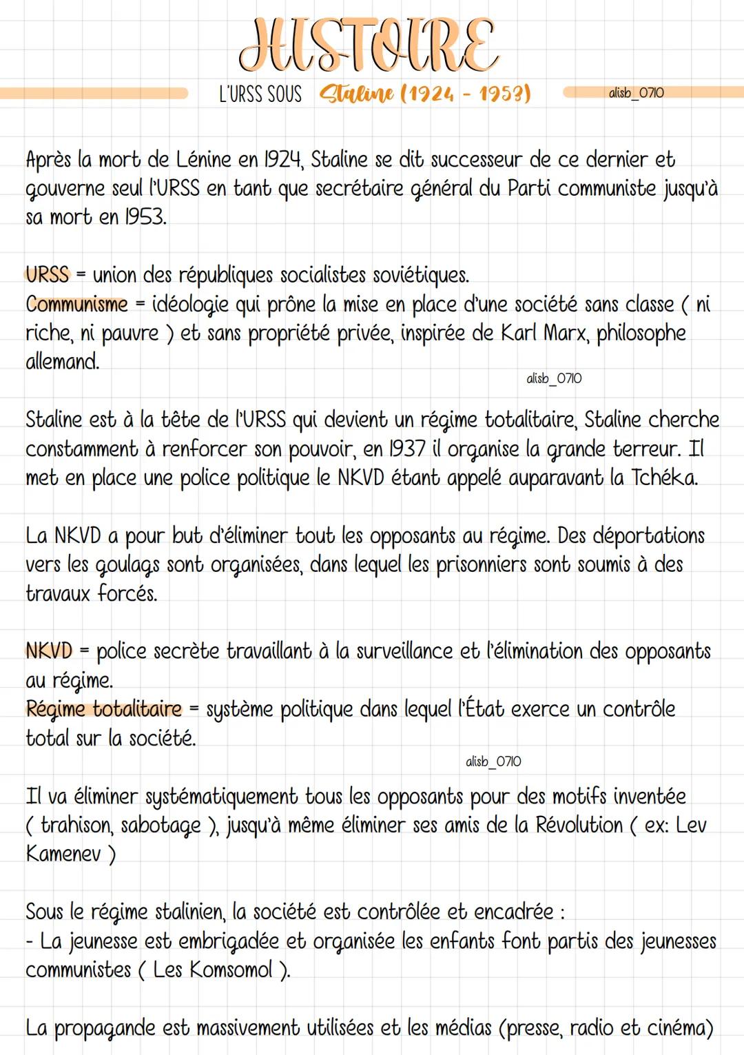 # HISTOIRE
L'URSS SOUS Staline (1924-1953)
alisb_0710
Après la mort de Lénine en 1924, Staline se dit successeur de ce dernier et
gouverne s