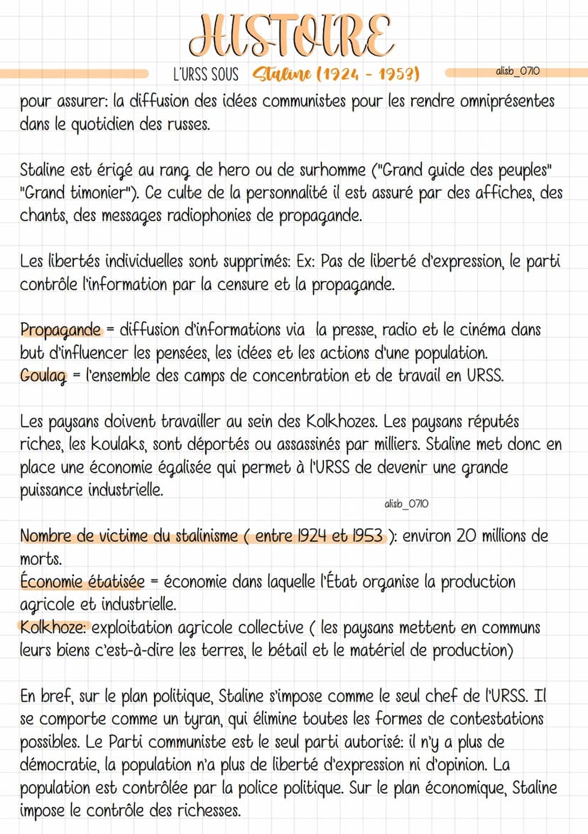 JUSTOIRE
L'URSS SOUS Staline (1924-1953)
Après la mort de Lénine en 1924, Staline se dit successeur de ce dernier et
gouverne seul l'URSS en