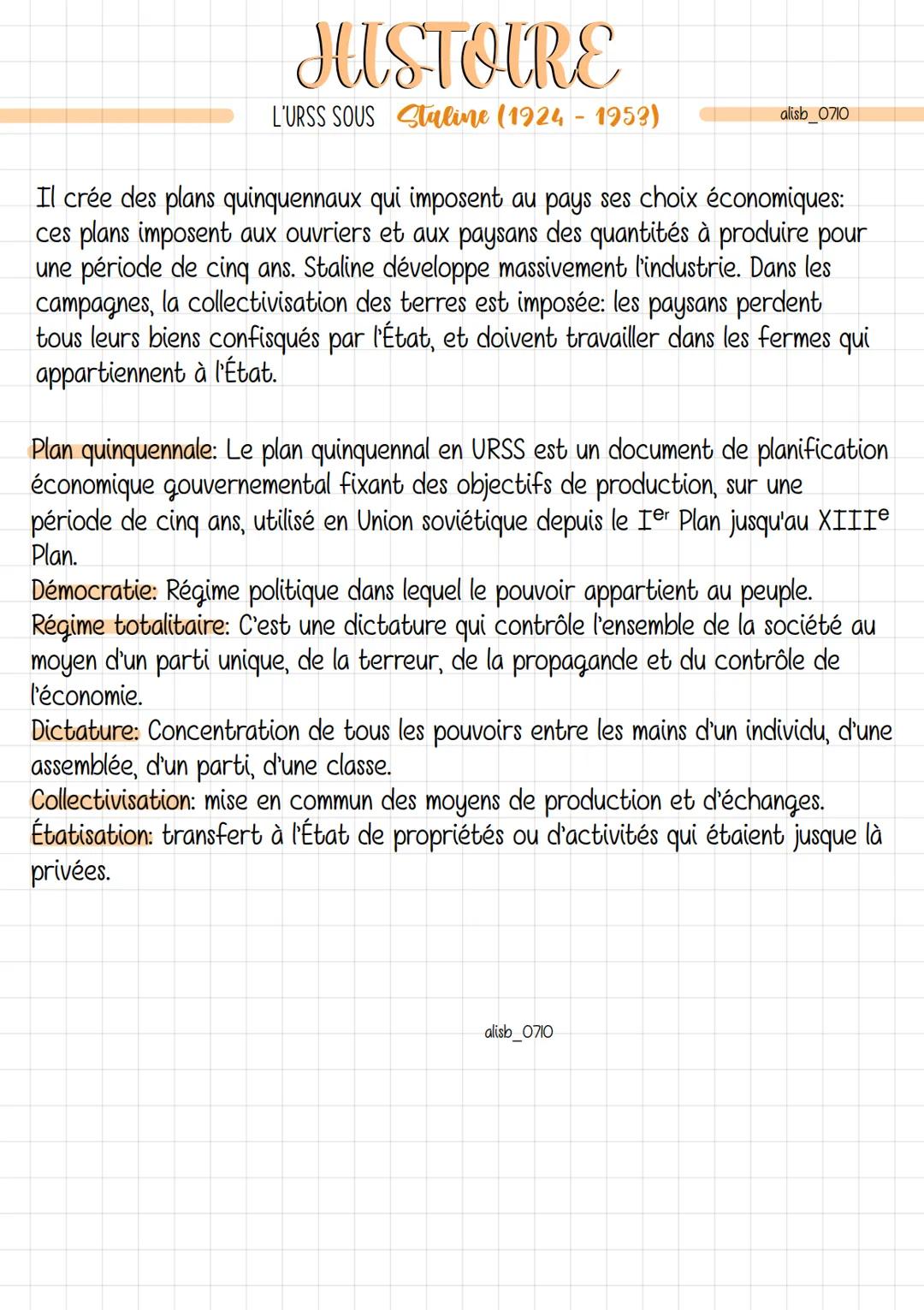 # HISTOIRE
L'URSS SOUS Staline (1924-1953)
alisb_0710
Après la mort de Lénine en 1924, Staline se dit successeur de ce dernier et
gouverne s