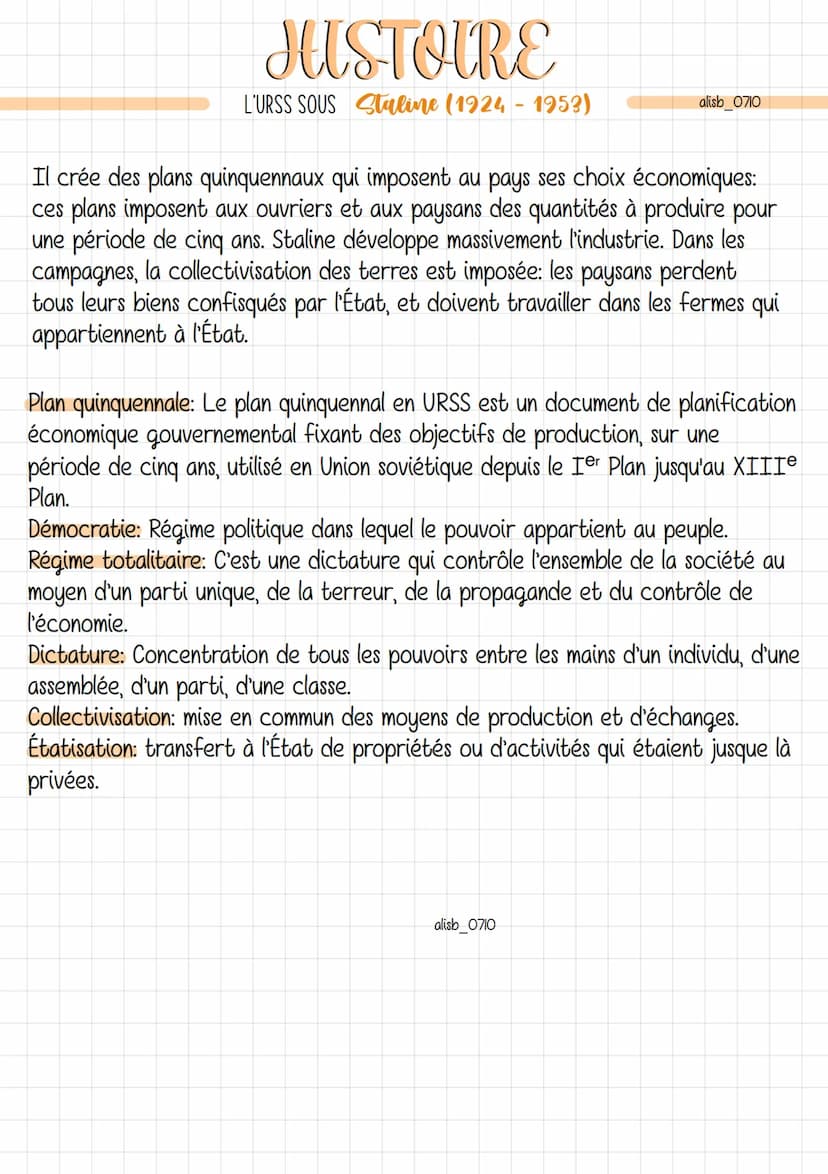 JUSTOIRE
L'URSS SOUS Staline (1924-1953)
Après la mort de Lénine en 1924, Staline se dit successeur de ce dernier et
gouverne seul l'URSS en