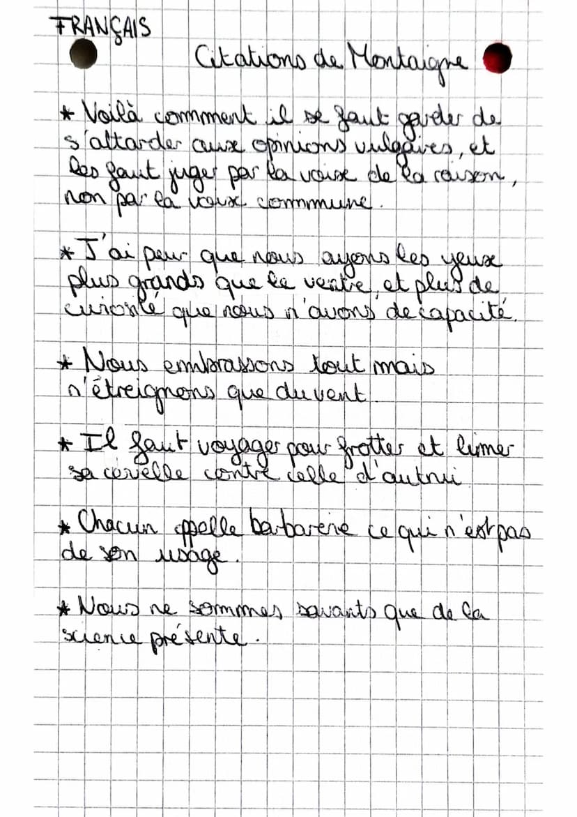 Montaigne
* Siecle et courant : 16ª Humaniste
* Date lieu naissance, classe socio: 28 février
1533 à S" Michel de Montaigne, Noblesse /
Boug