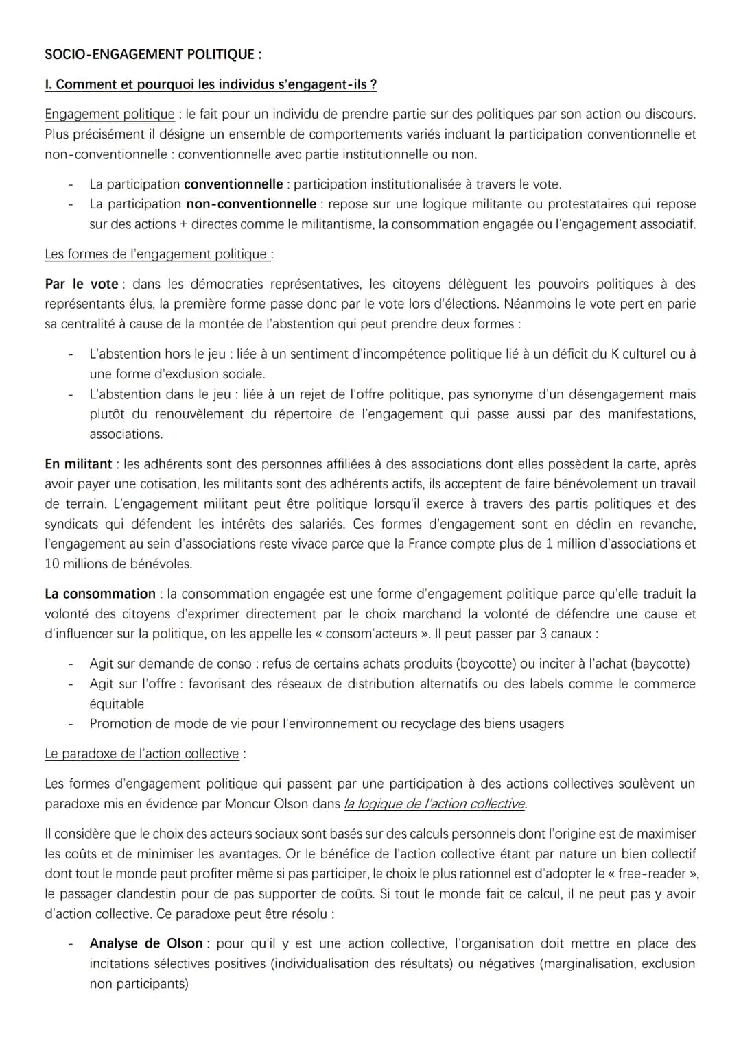 SOCIO-ENGAGEMENT POLITIQUE :
I. Comment et pourquoi les individus s'engagent-ils?
Engagement politique : le fait pour un individu de prendre