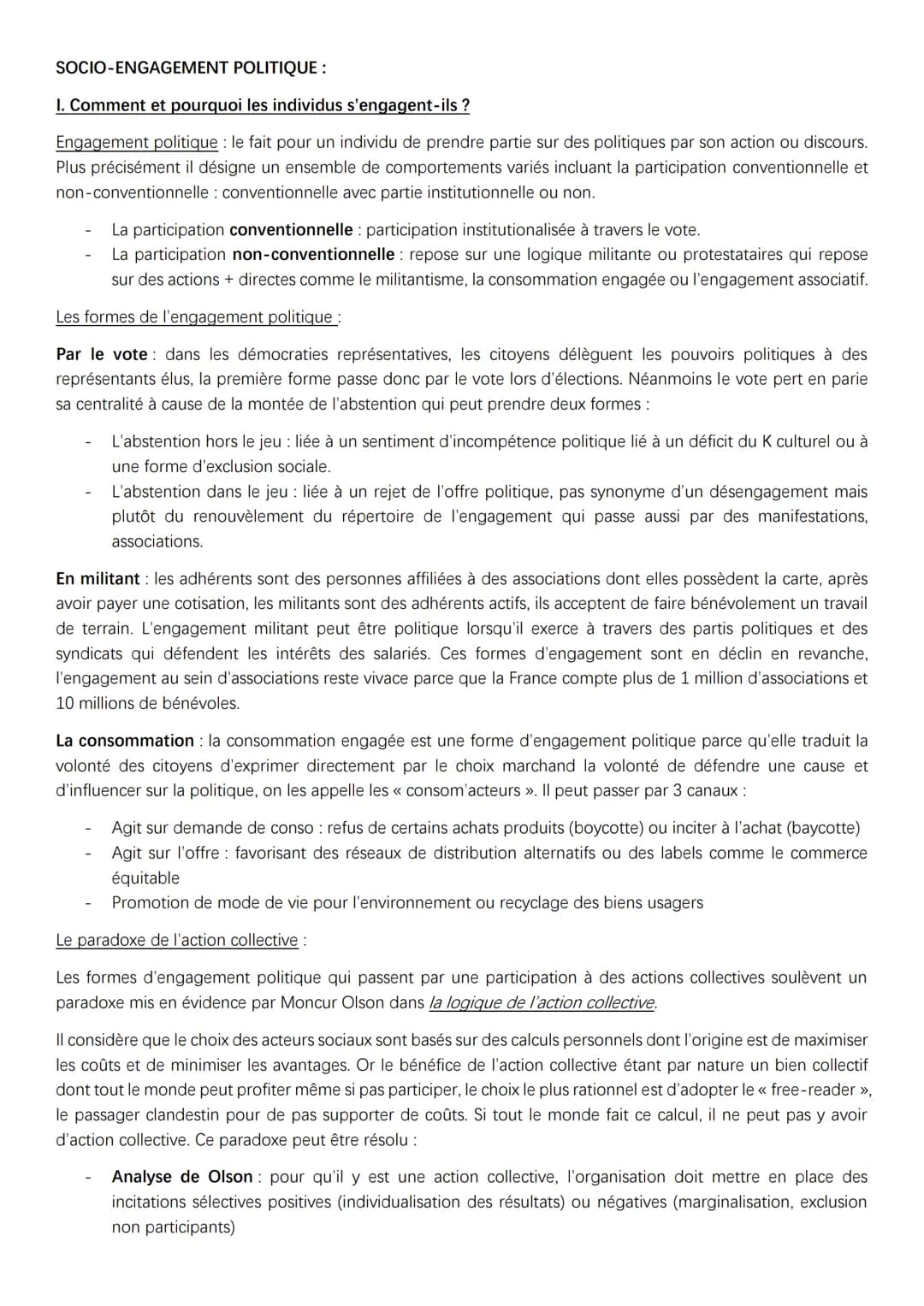 SOCIO-ENGAGEMENT POLITIQUE :
I. Comment et pourquoi les individus s'engagent-ils?
Engagement politique : le fait pour un individu de prendre