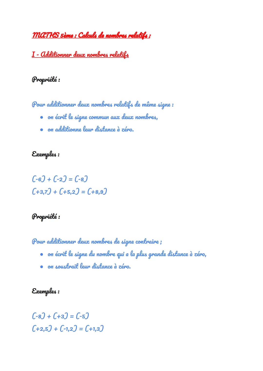 MATHS sème: Calculs de nombres relatifs :
I- Additionner deux nombres relatifs
Propriété :
Pour additionner deux nombres relatifs de même si