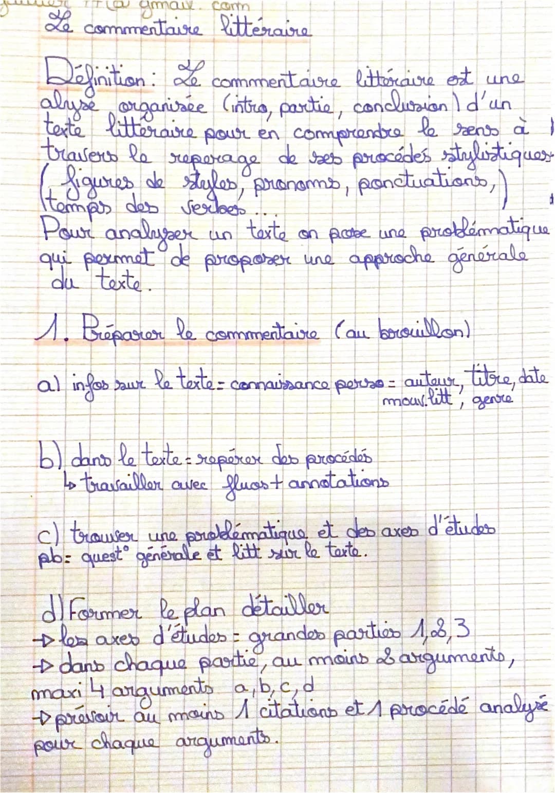 gmail.com
Le commentaire littéraire
Définition: Le
Le commentaire littéraire est une
alyse organisée (intro, partie, conclusion I d'un
texte