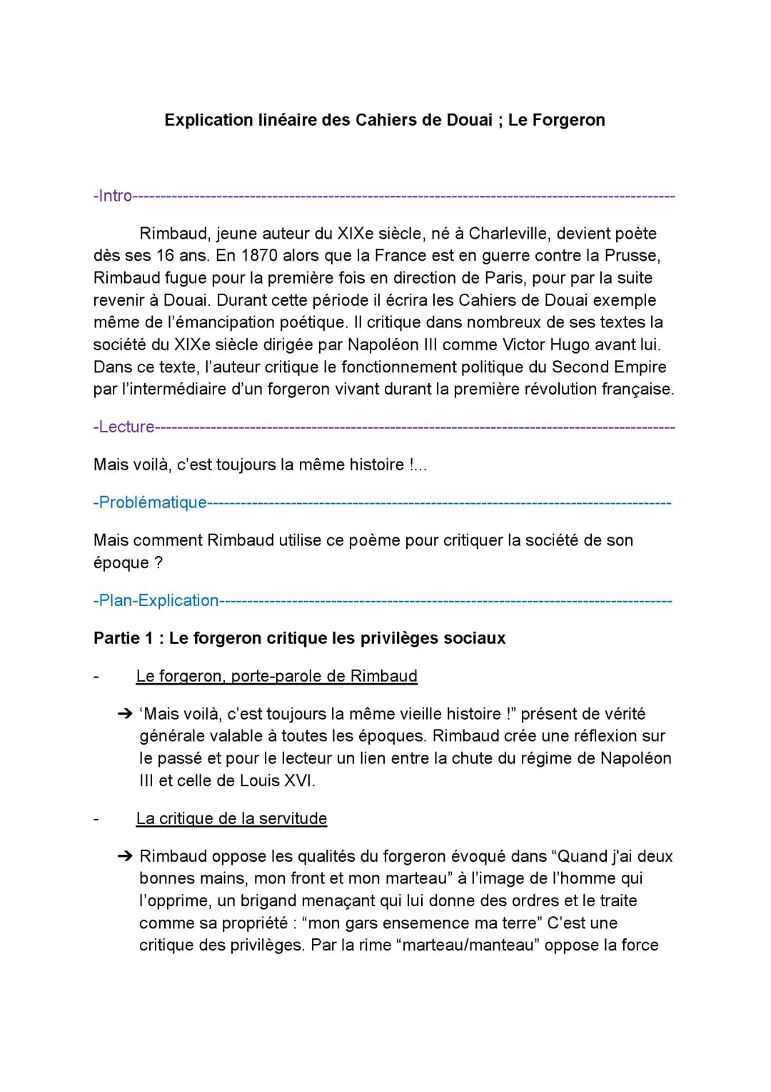 Explication linéaire des Cahiers de Douai ; Le Forgeron | Bac de Français