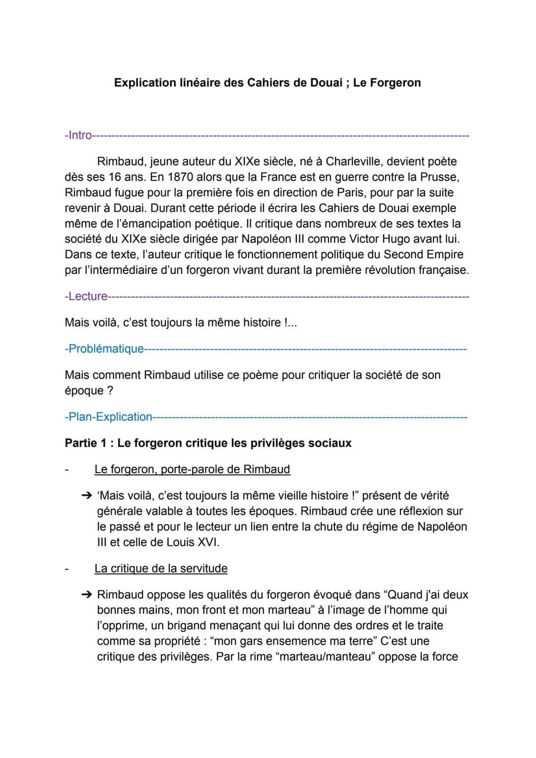 Explication linéaire des Cahiers de Douai ; Le Forgeron
-Intro-
Rimbaud, jeune auteur du XIXe siècle, né à Charleville, devient poète
dès se