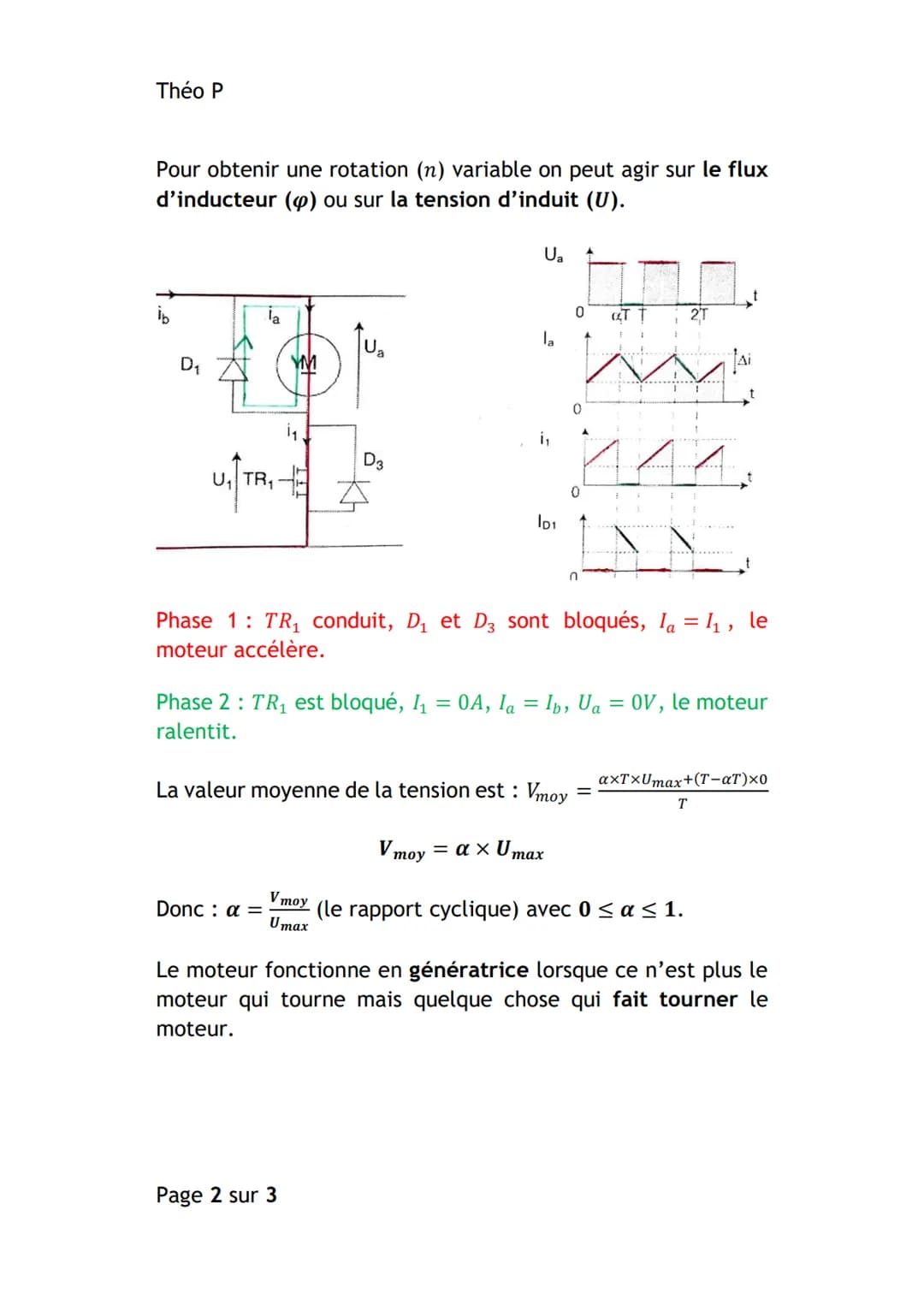 Théo P
E-SCIENCES INGENIEUR
LE HACHEUR
I - UTILITE
Le hacheur permet de faire varier la vitesse de rotation d'un
moteur (ici d'un moteur à c