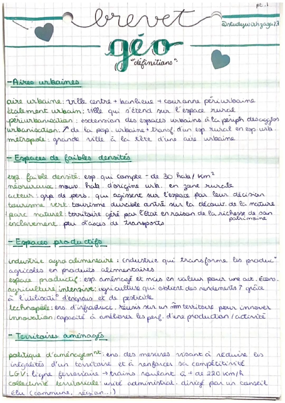 brevet
"définitions":
pt.1
@studywith zaza 2.3
-Aires urbaines
aire urbaine: ville centre + banlieue + couronne périurbaine
étalement urbain
