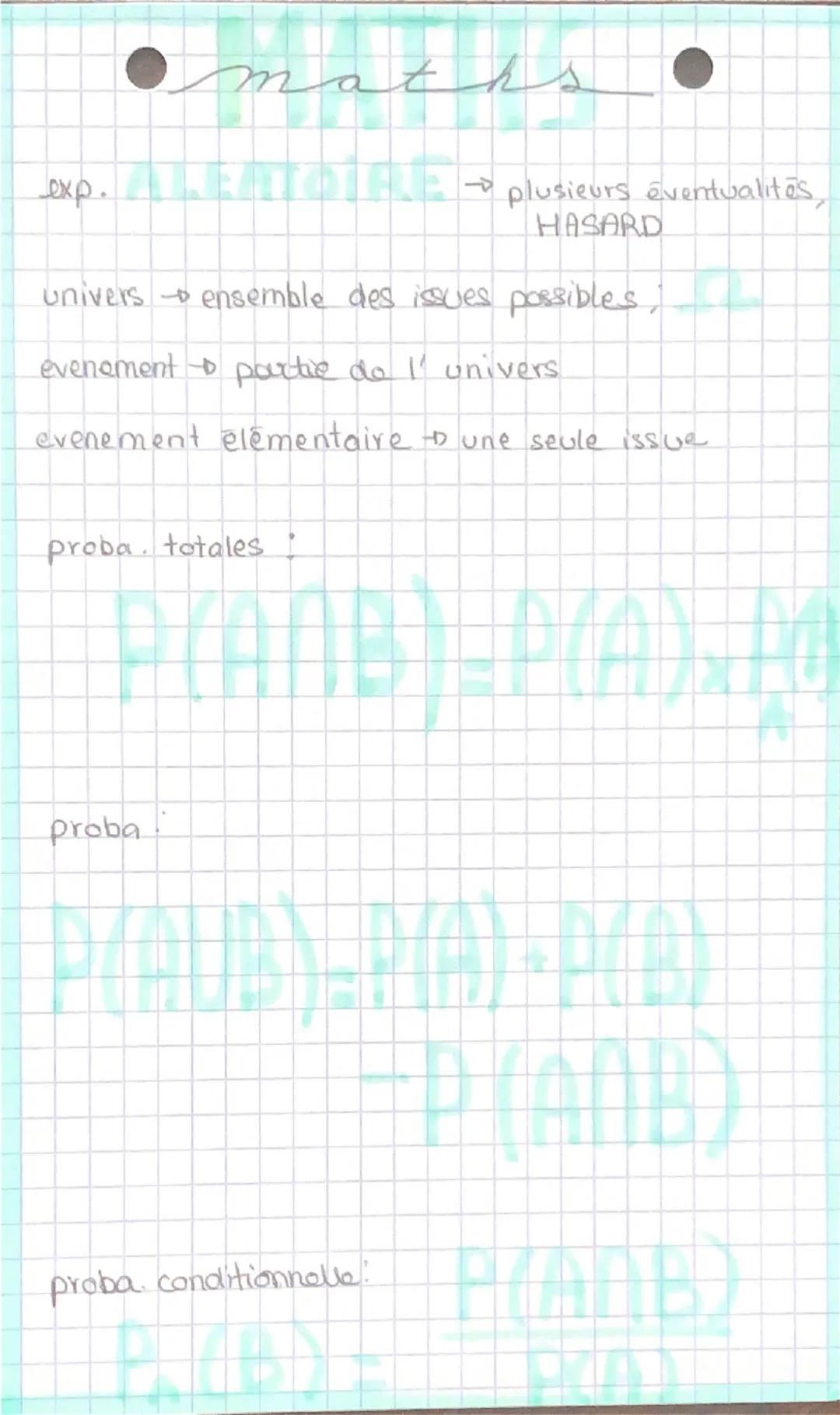 maths

E plusieurs éventualités,
exp.
HASARD

univers ensemble des issues possibles,

evenement partie de l' univers

evenement élémentaire 