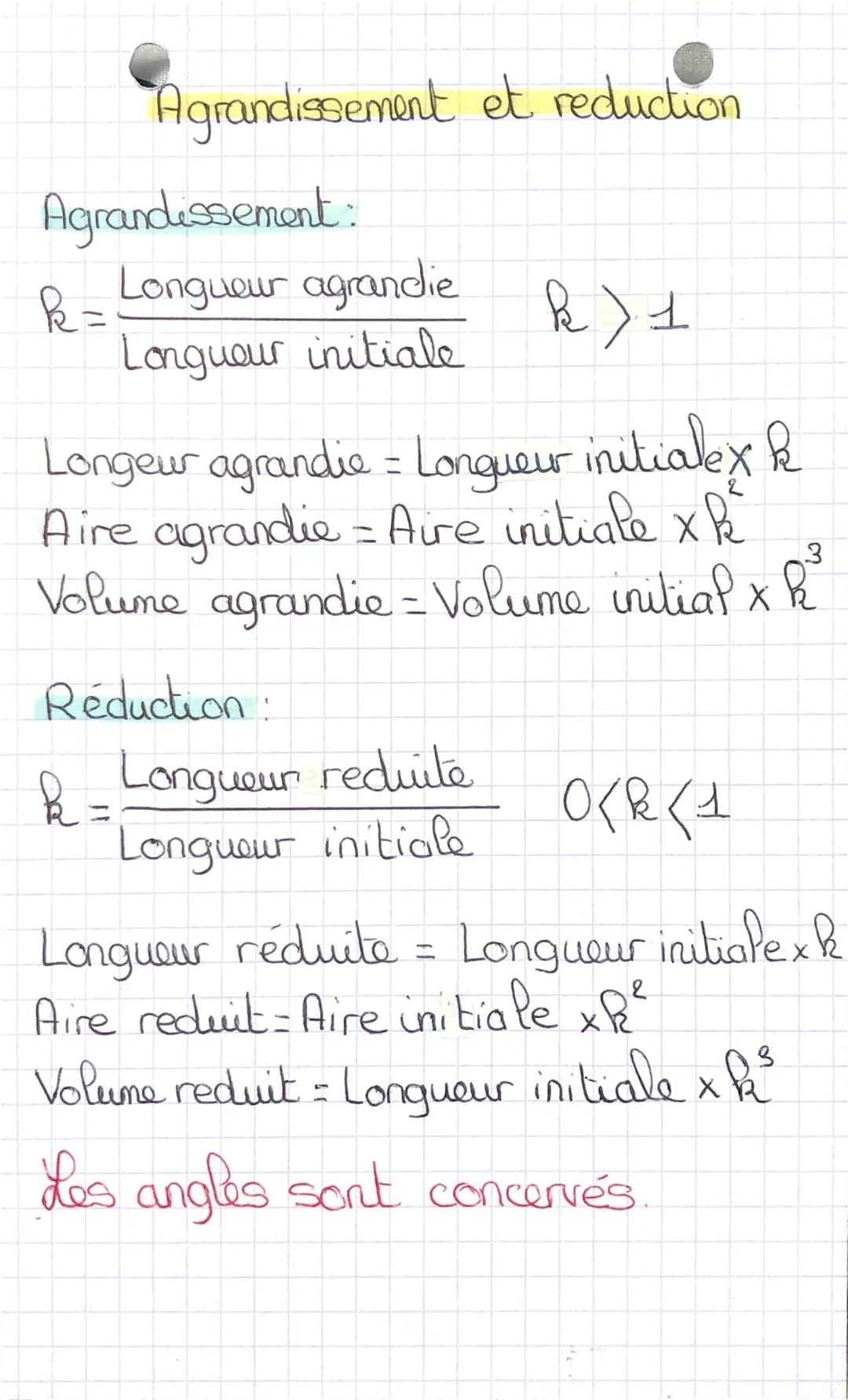 Agrandissement et reduction
Agrandissement:
R = Longueur agrandie
Longueur initiale
k ) 1
I
Longeur agrandie = Longueur initialex k
Aire agr